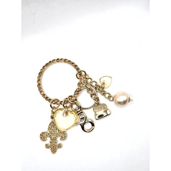 Kathy Van Zeeland Hearts Crystal Pave Fleur Gold Tone Mixed Charm Keychain - Picture 1 of 9